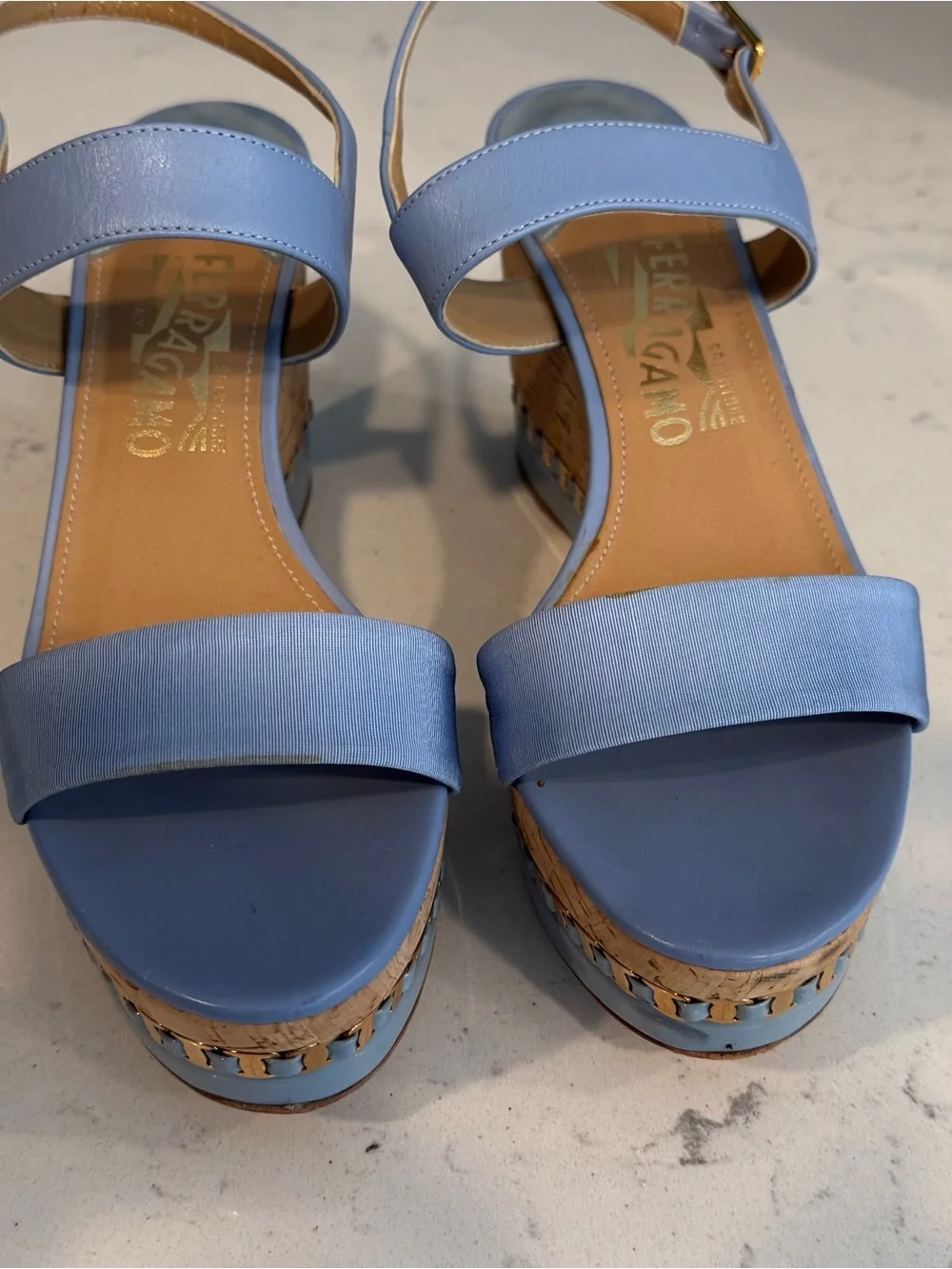 Salvatore Ferragamo Light Blue Cork Wedge Sandals